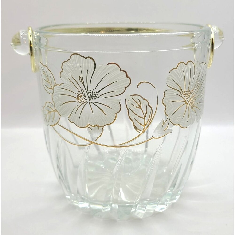 Vintage Clear Glass Ice Bucket With Gold Floral Design & Handle